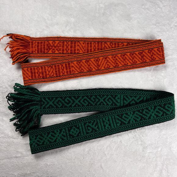 Na Accessories - 2 Vintage Guatemalan Handwoven Sash Belt Wool Colorful 1970s Green Black Orange